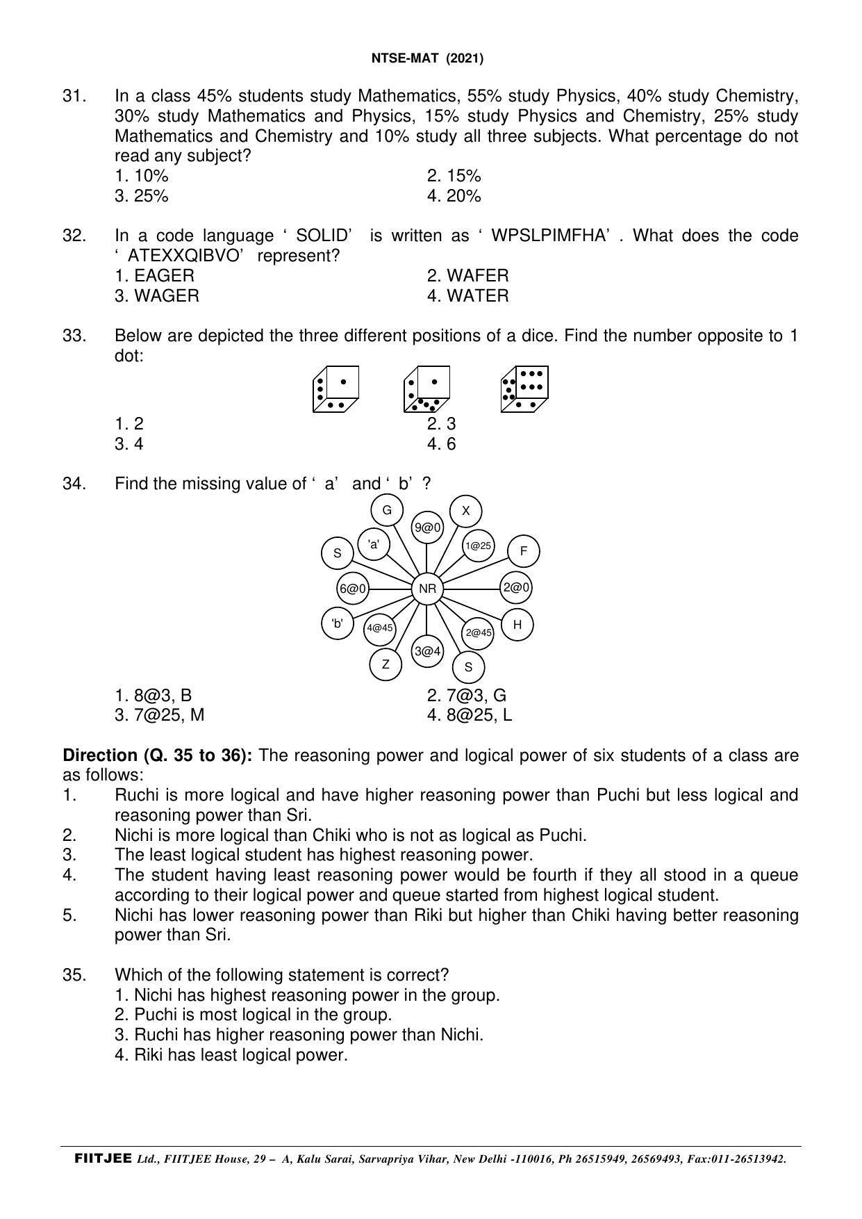 NTSE 2020-21 (Stage II) MAT Paper with Solution (FITJEE) - Page 6