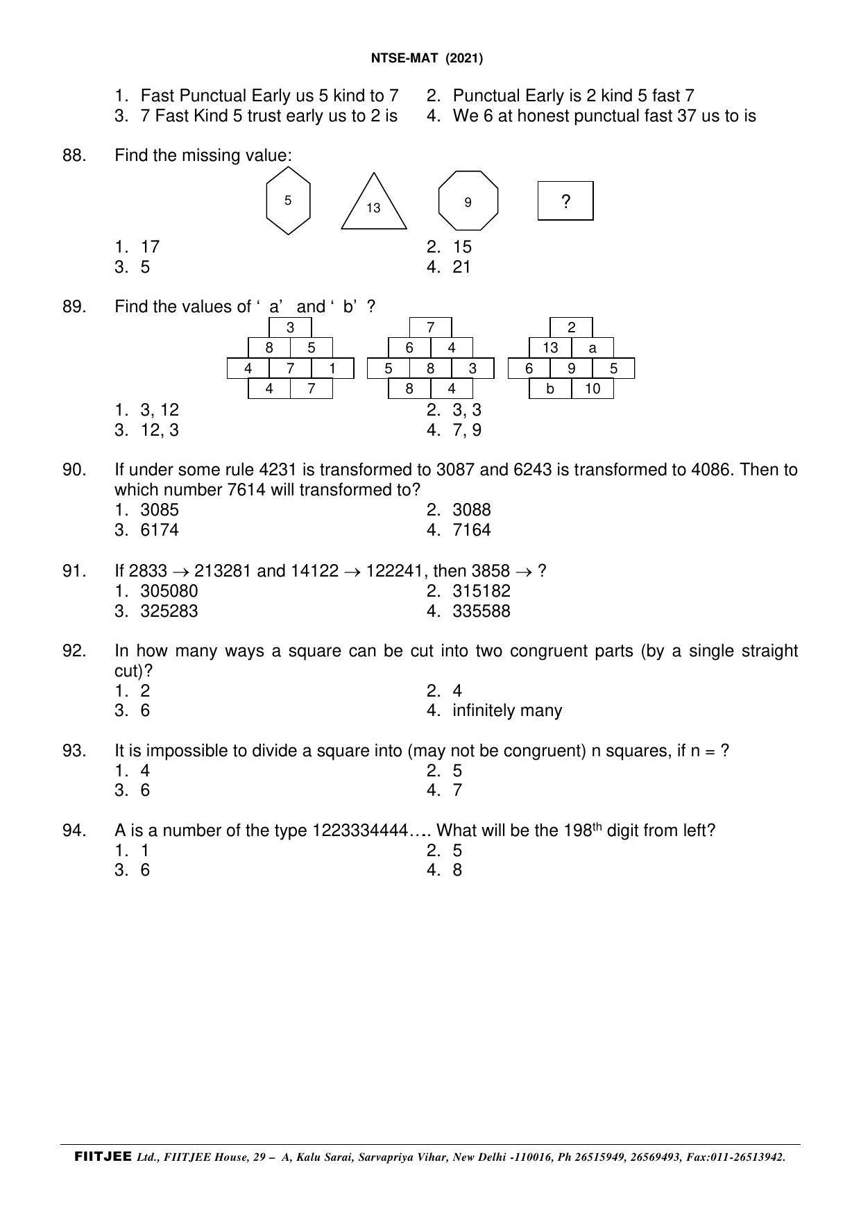 NTSE 2020-21 (Stage II) MAT Paper with Solution (FITJEE) - Page 18