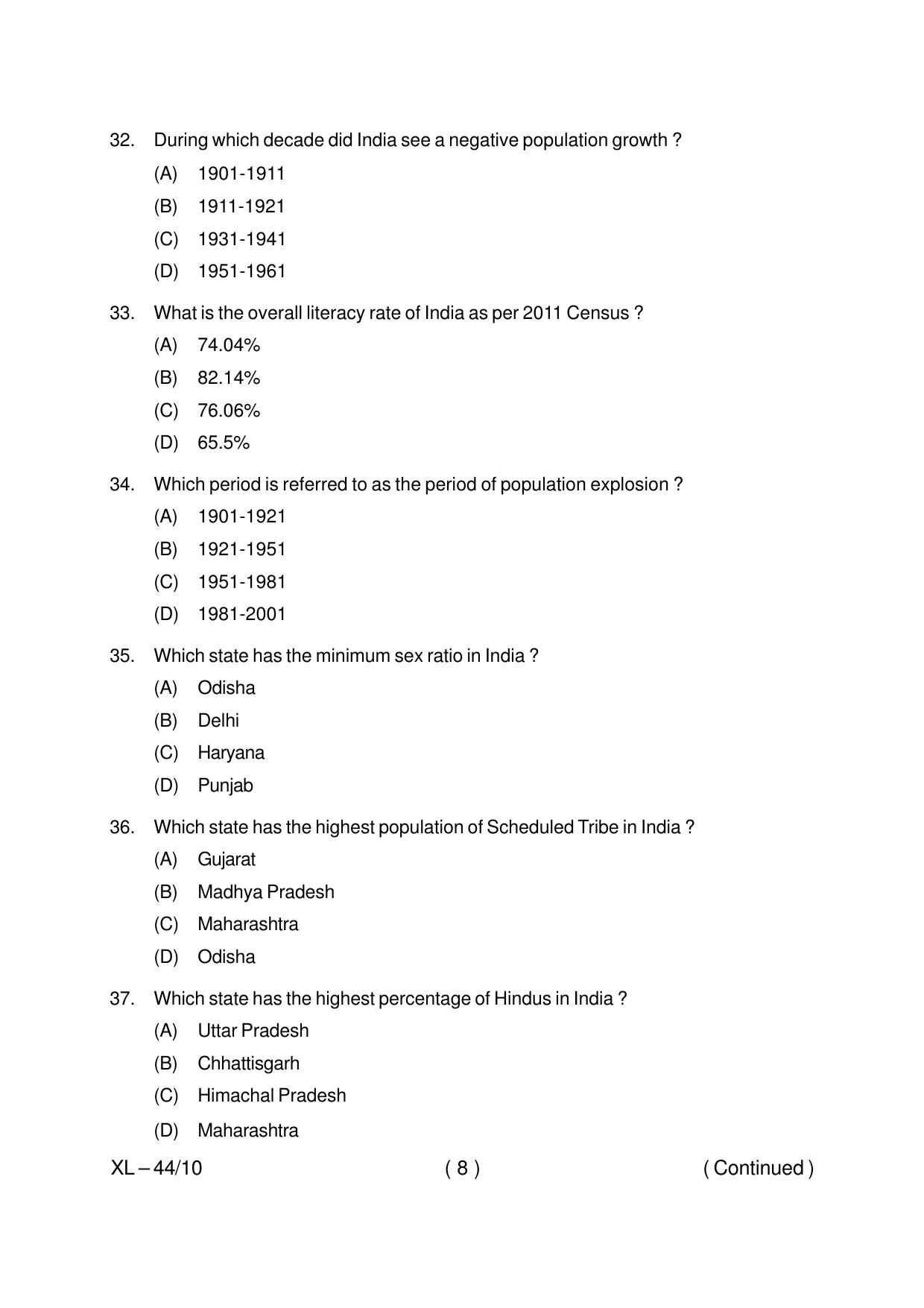 Odisha CPET POPULATION STUDIES 2020 Question Paper - Page 8