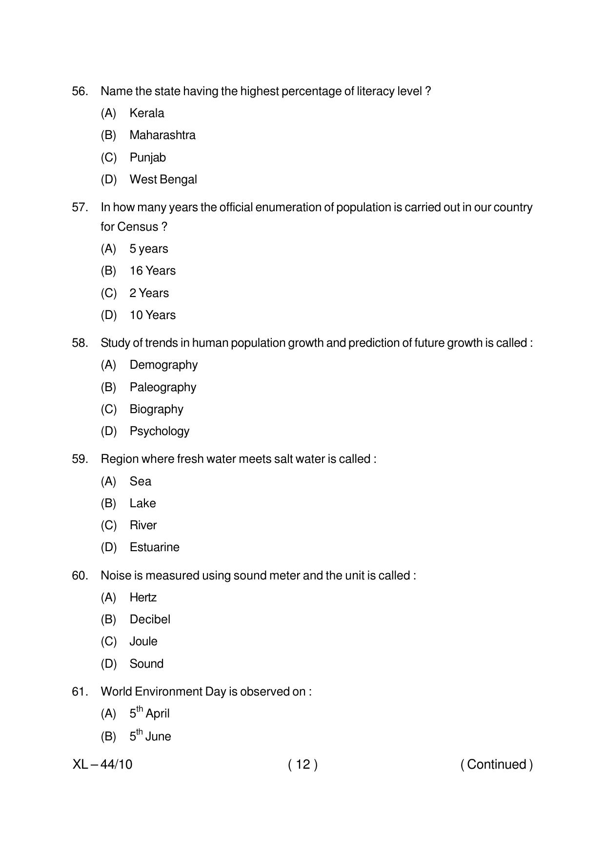 Odisha CPET POPULATION STUDIES 2020 Question Paper - Page 12