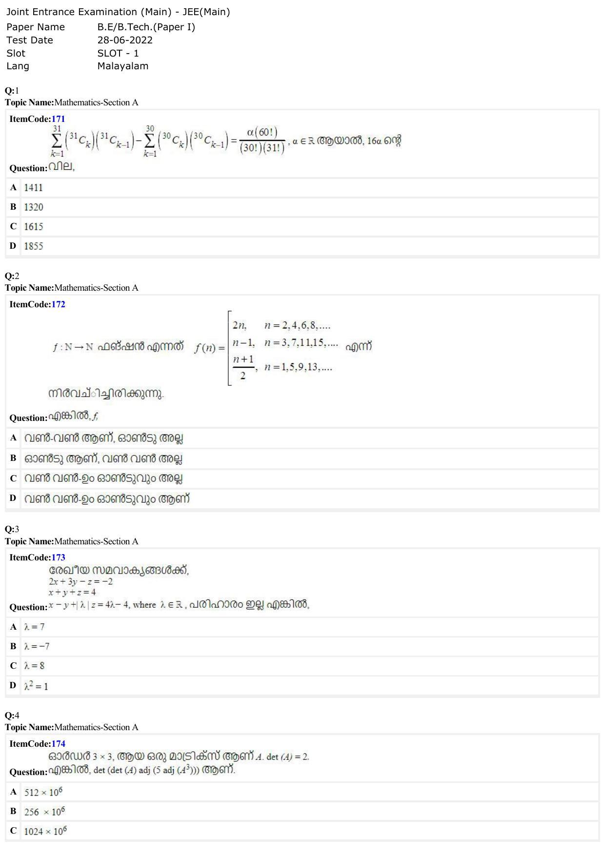 JEE Mains 2022: BTech Malayalam (Shift 1) 28-06-2022 Question Paper - Page 1