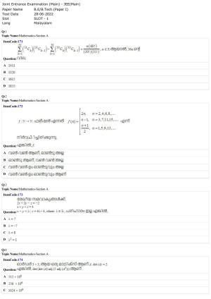 JEE Mains 2022: BTech Malayalam (Shift 1) 28-06-2022 Question Paper