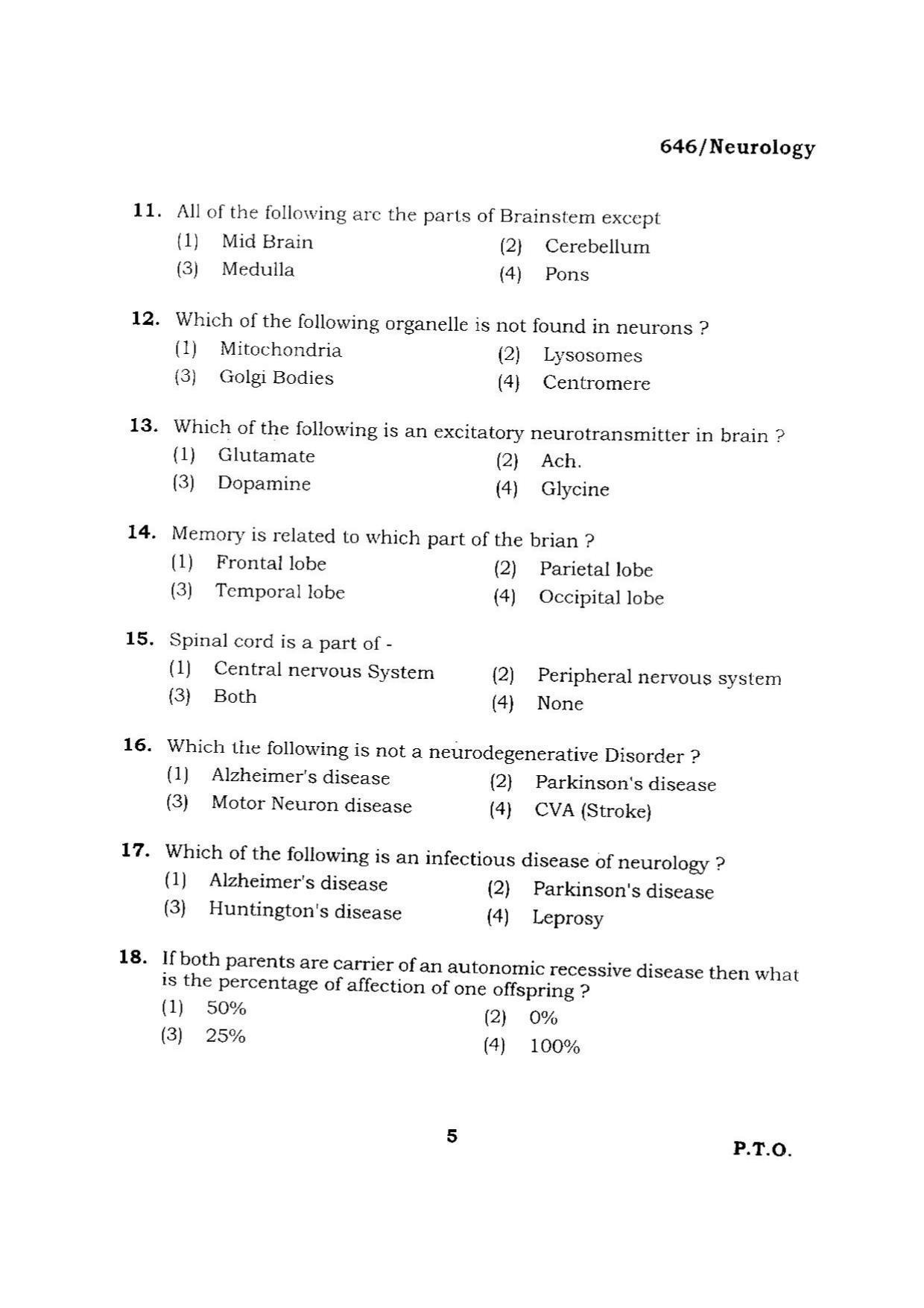 BHU RET NEUROLOGY 2015 Question Paper - Page 5