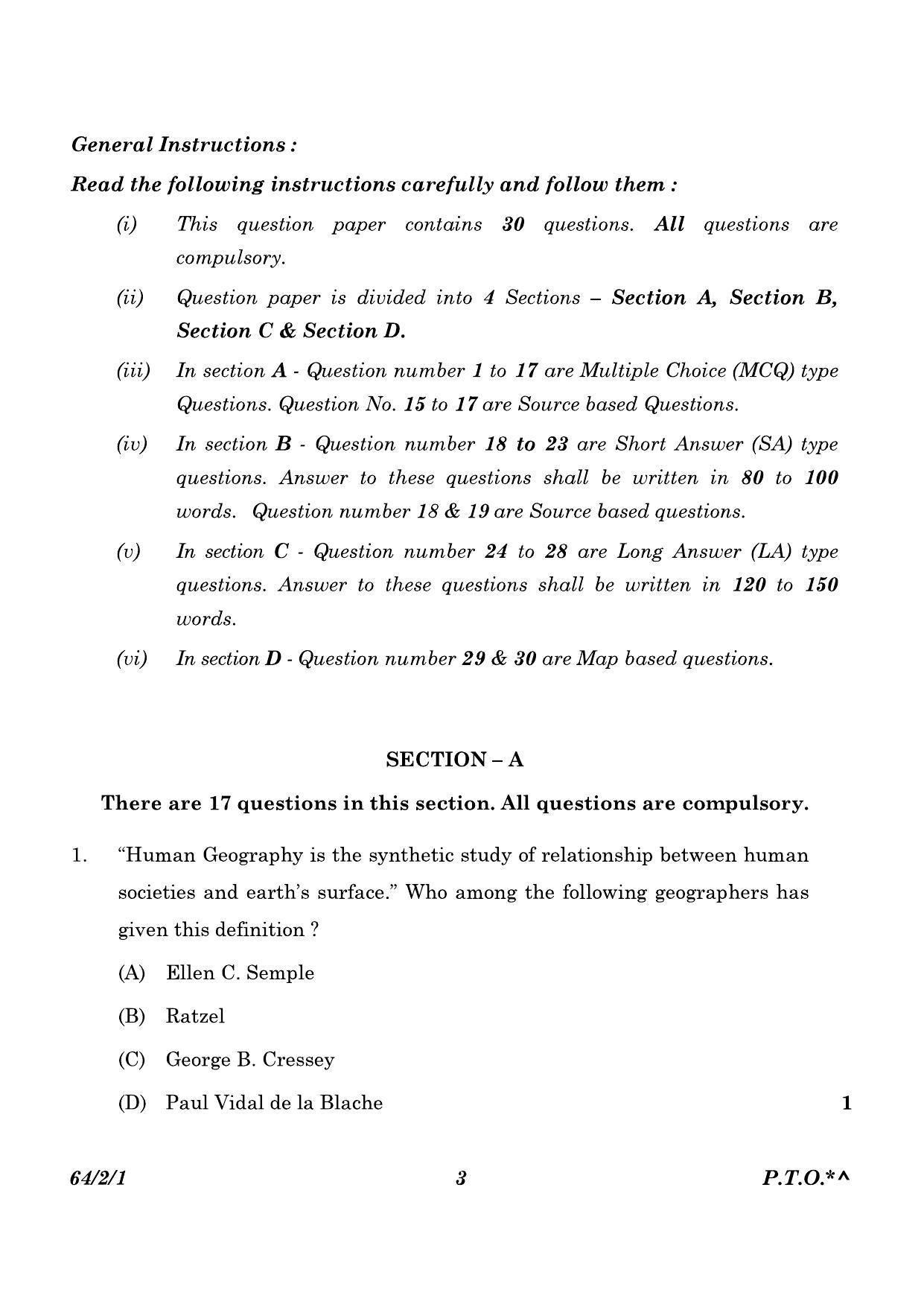 CBSE Class 12 64-2-1 Geography 2023 Question Paper - Page 3
