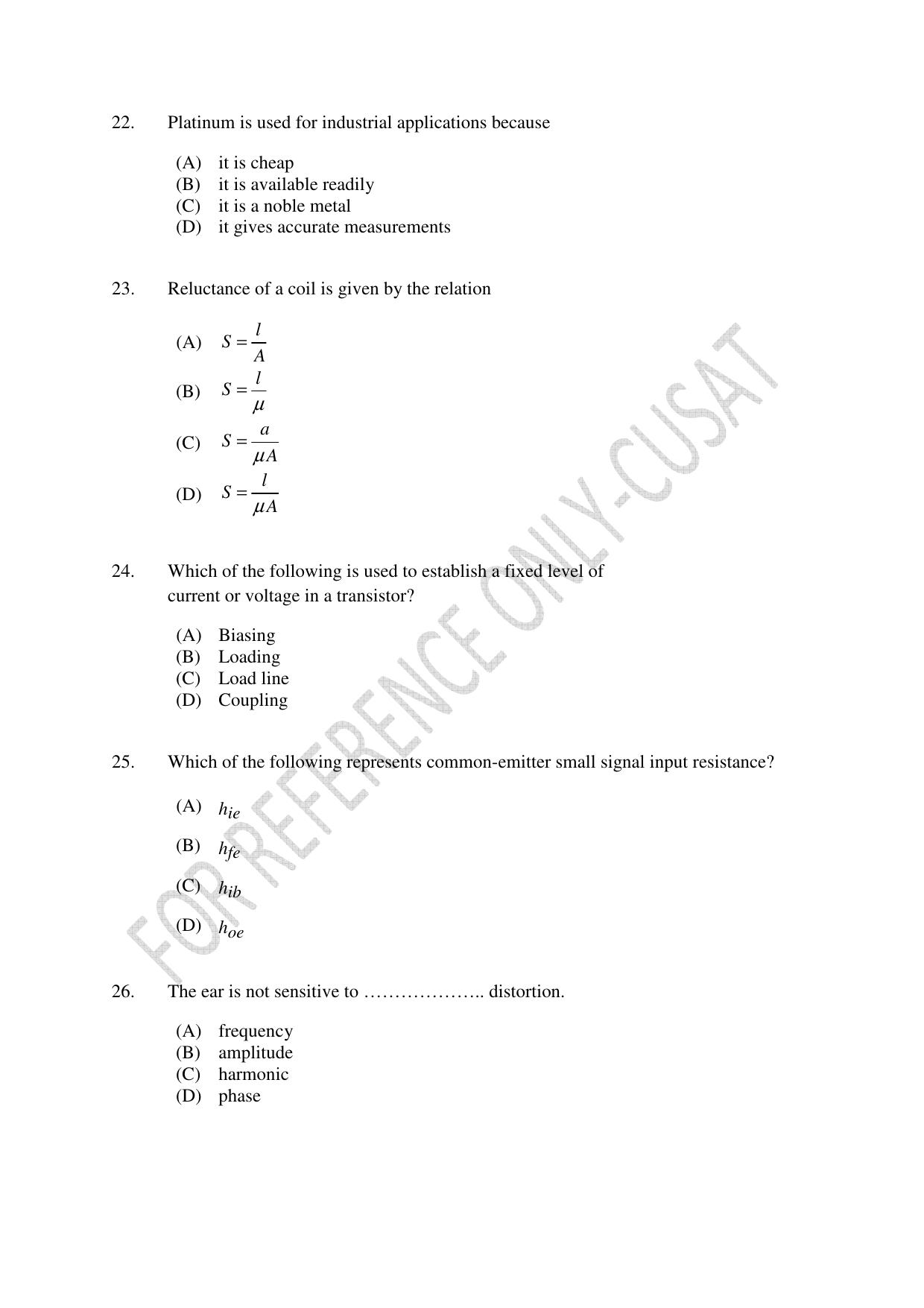CUSAT CAT 2022 ELECTRONICS Question Paper - Page 5