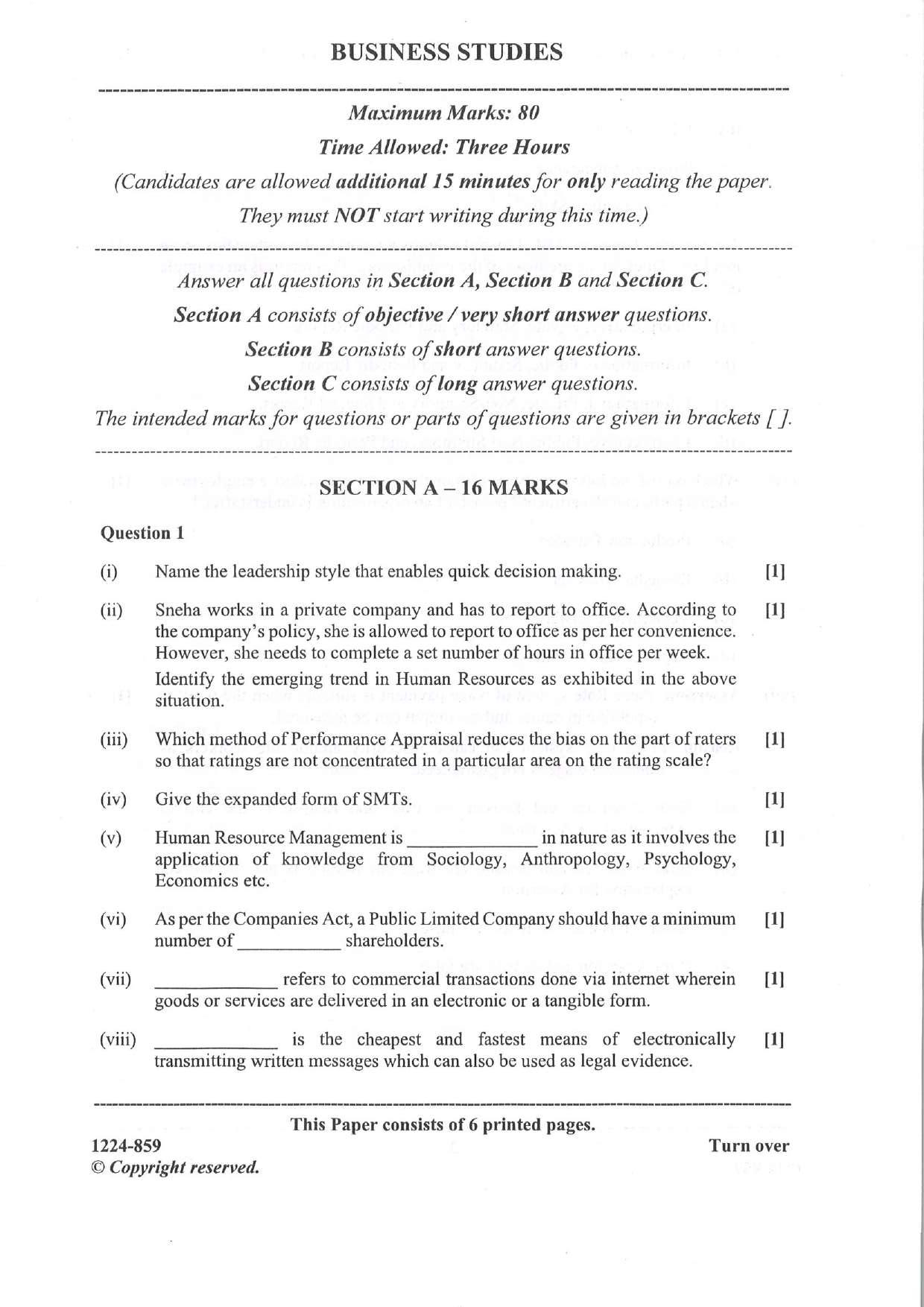 ISC Class 12 Business Studies 2024 Question Paper - Page 1