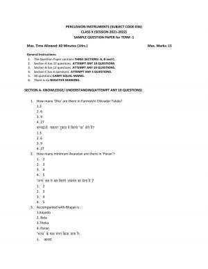 CBSE Class 10 Hindustani Music (Percussion) Sample Paper 2021-22