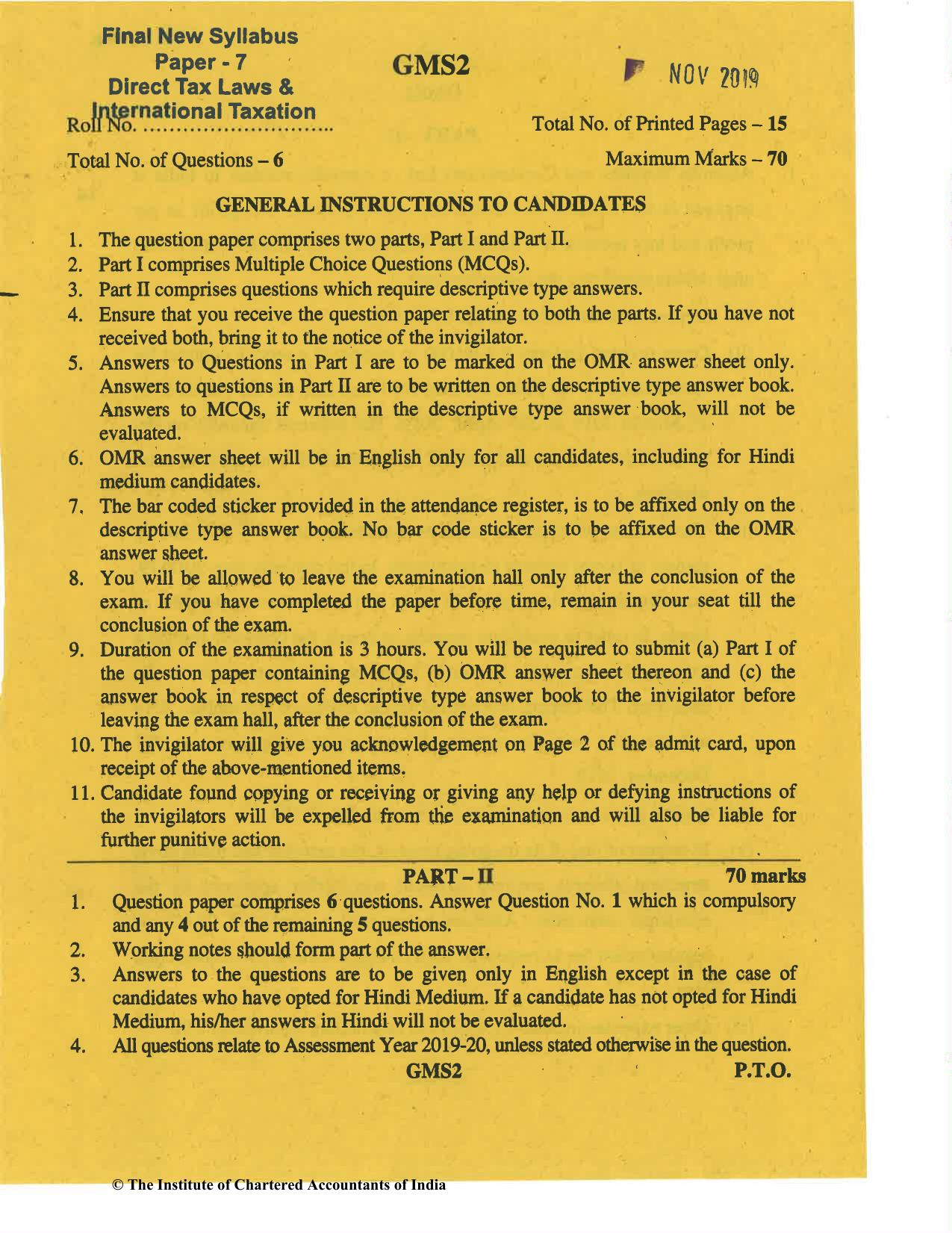 CA Final Nov 2019 Question Paper -Paper 7 – Direct Tax Laws and International Taxation - Page 1