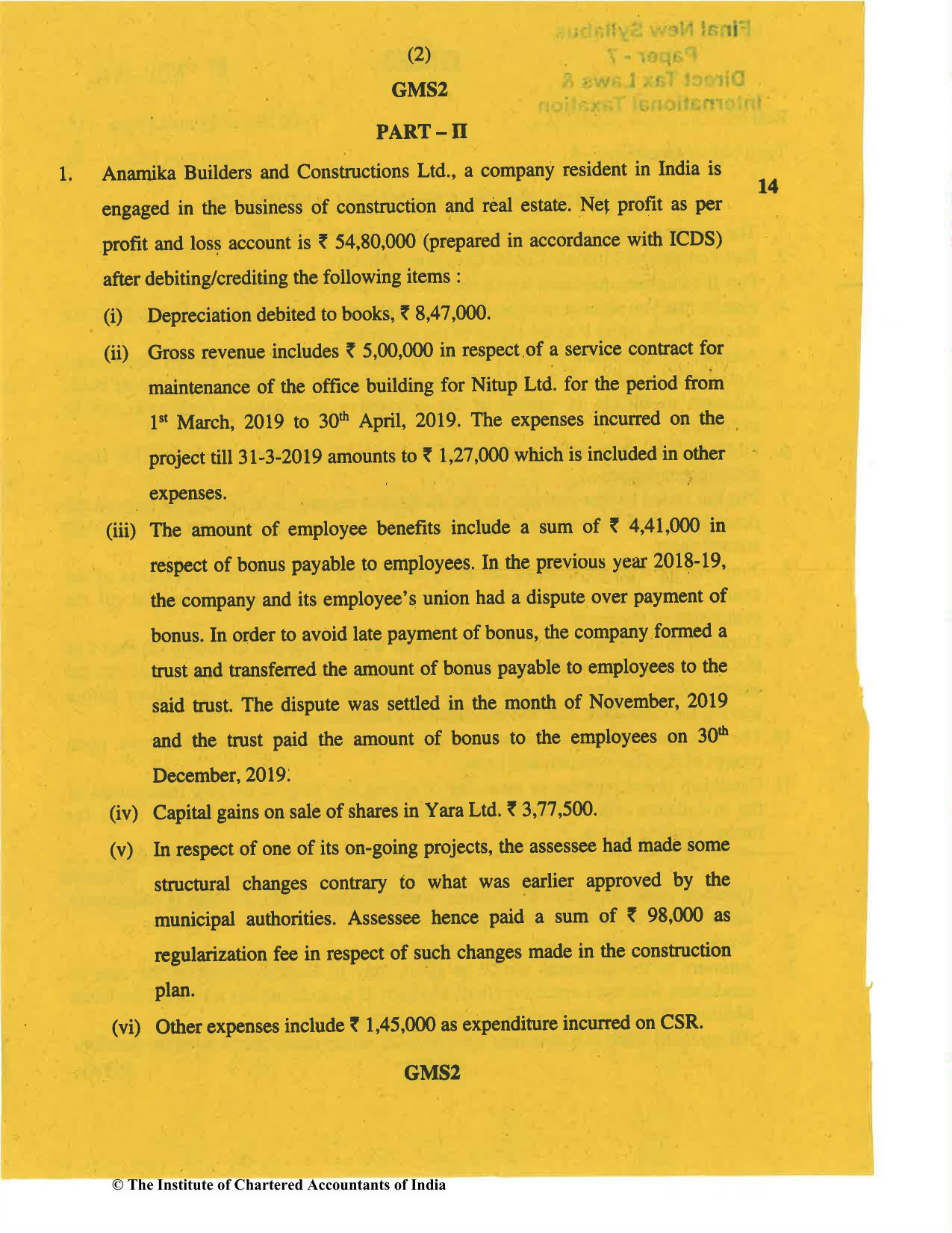 CA Final Nov 2019 Question Paper -Paper 7 – Direct Tax Laws and International Taxation - Page 2