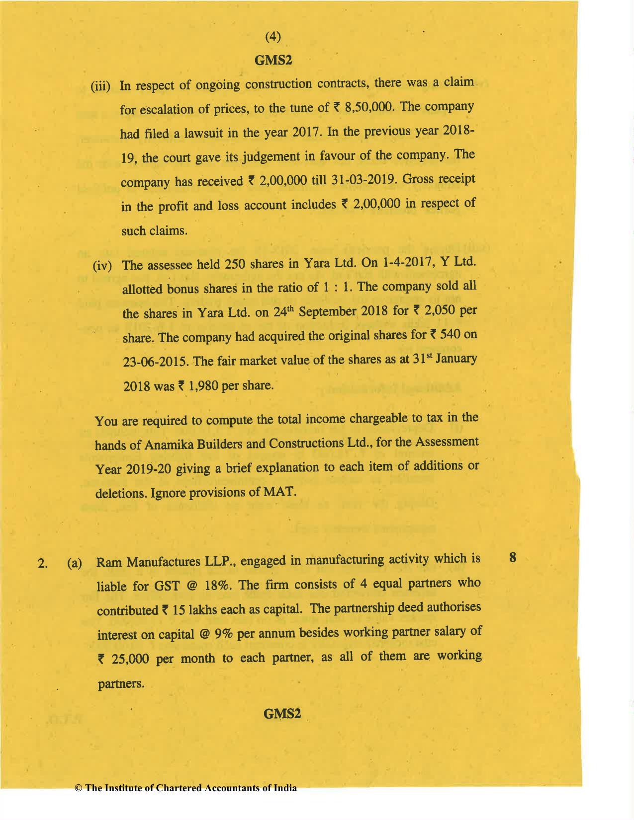 CA Final Nov 2019 Question Paper -Paper 7 – Direct Tax Laws and International Taxation - Page 4