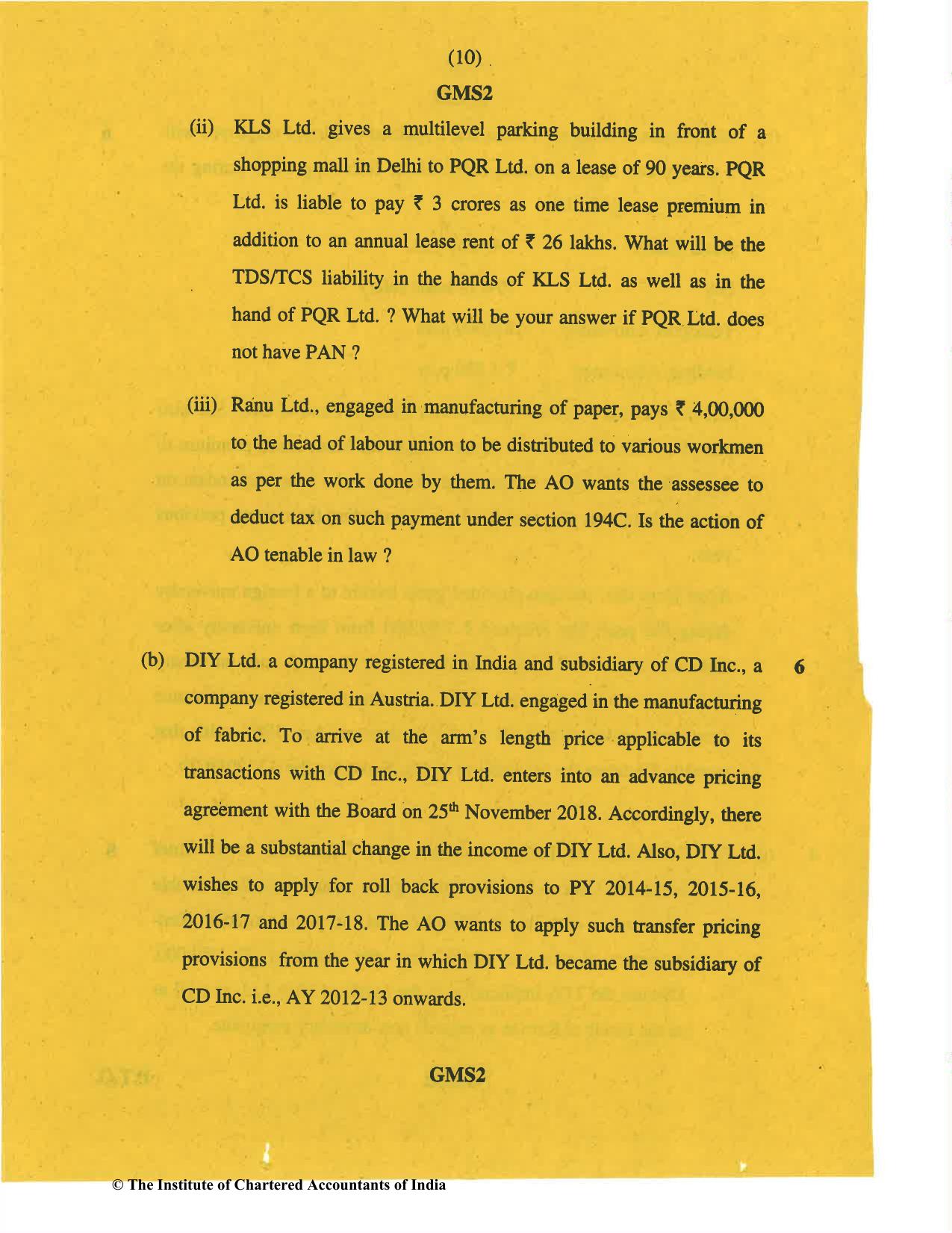 CA Final Nov 2019 Question Paper -Paper 7 – Direct Tax Laws and International Taxation - Page 10