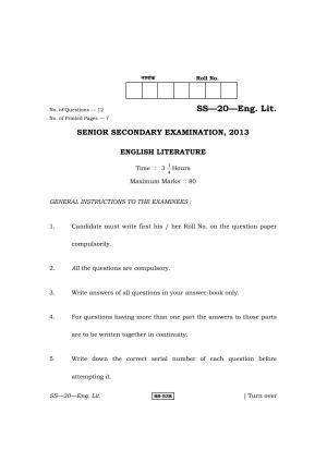 Class 12 2013 English Literature RBSE Question Paper