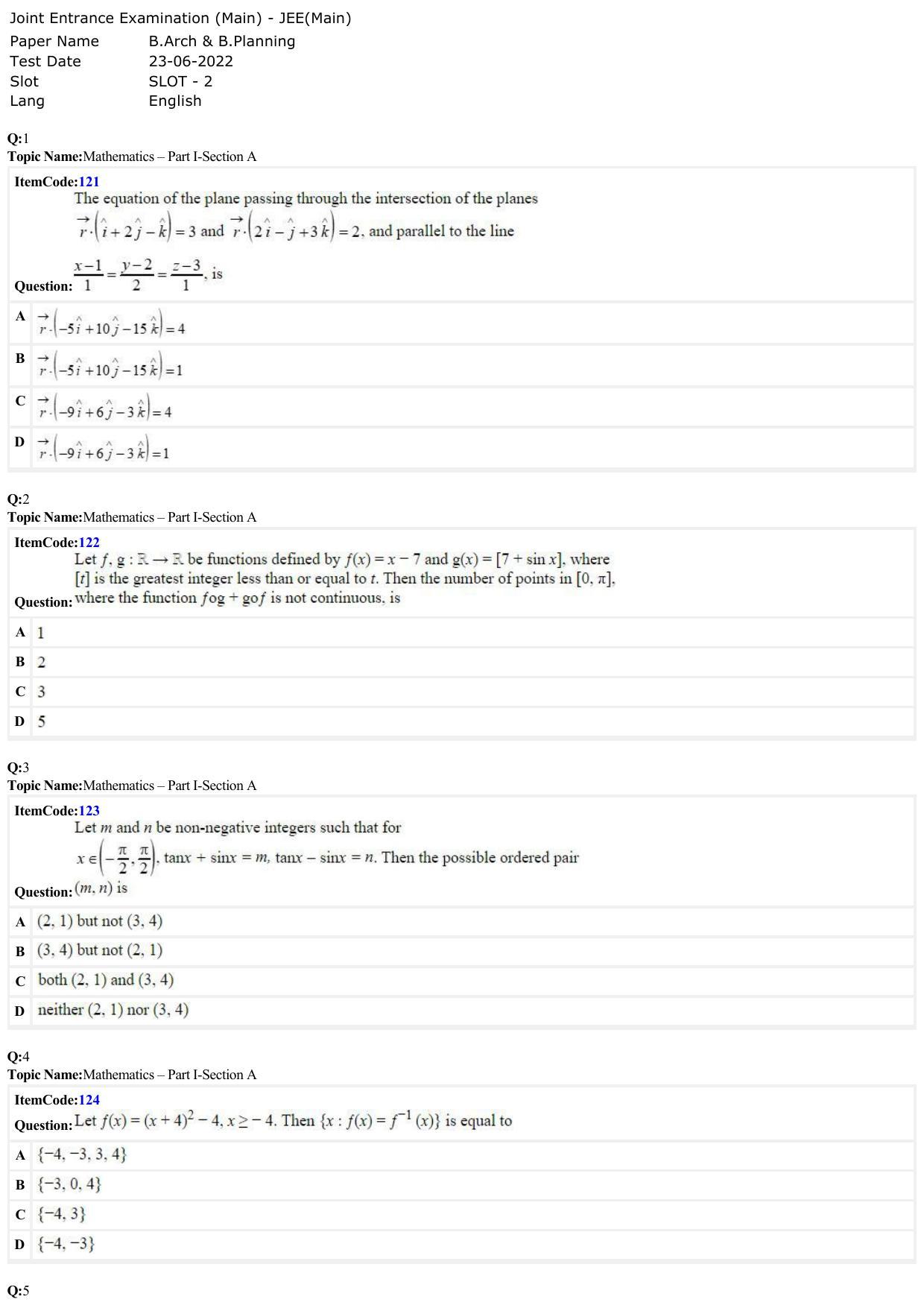 JEE Mains 2022: B Arch & B Planning English (Shift A2) 23-06-2022 Question Paper - Page 1