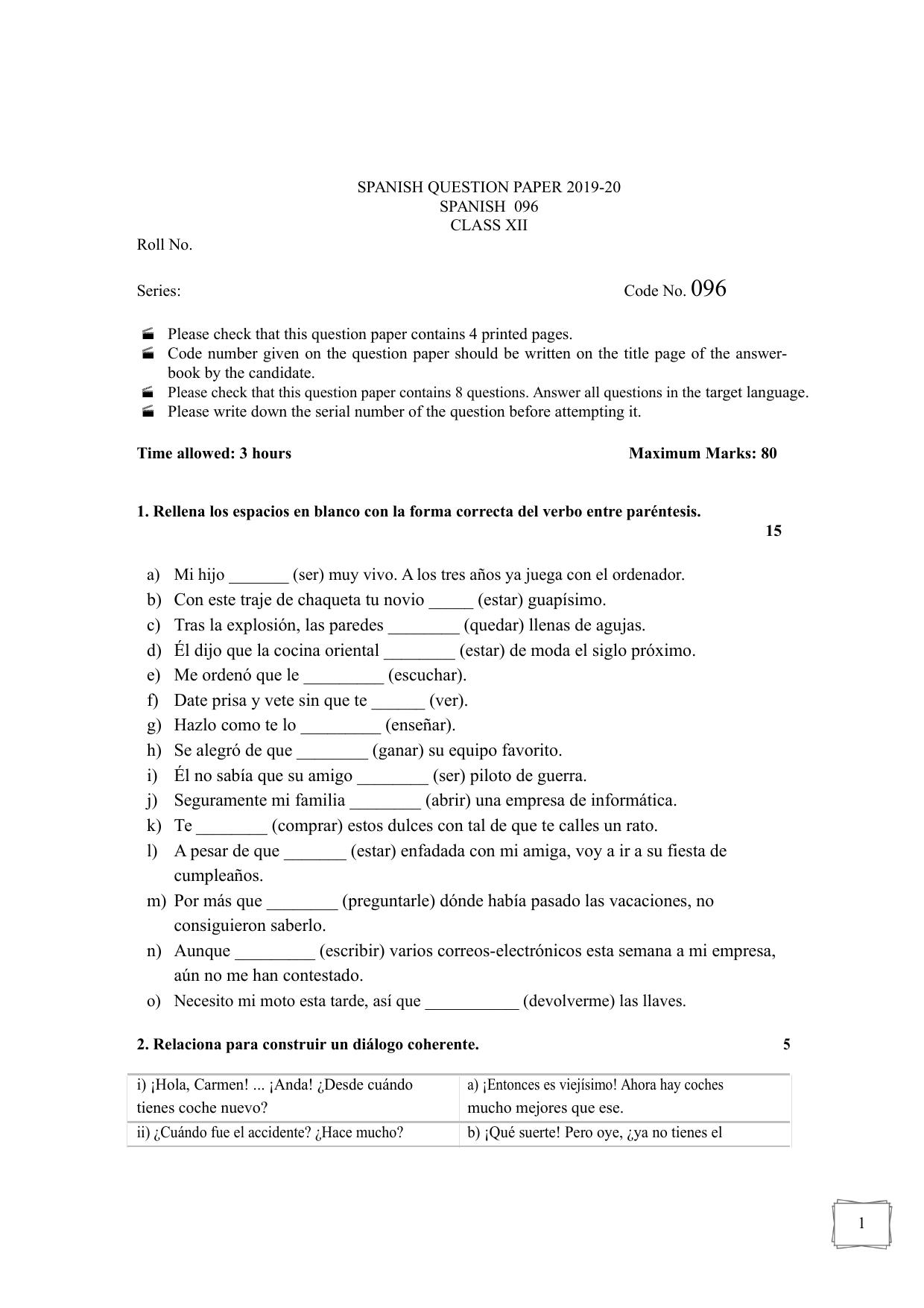 CBSE Class 12 Spanish -Sample Paper 2019-20 - Page 1