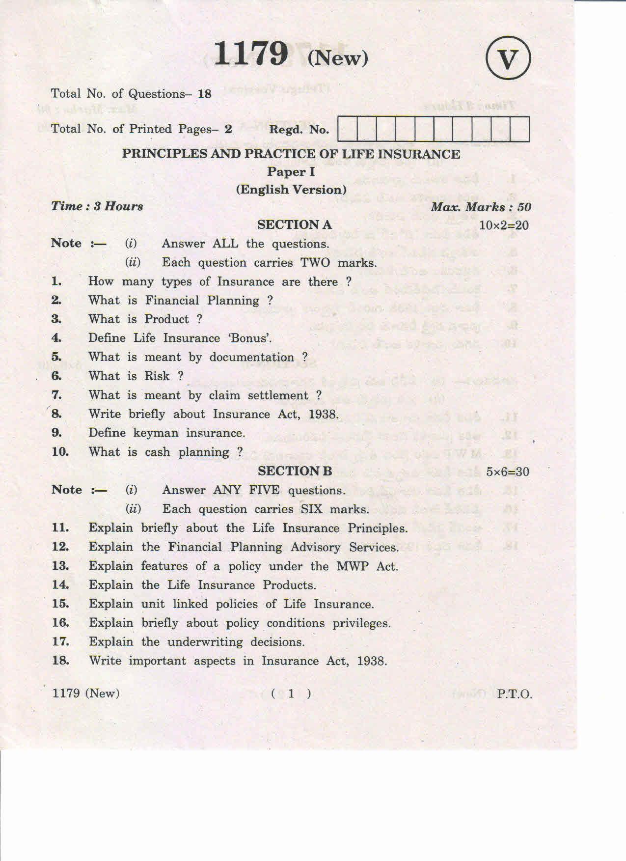 AP Inter 1st Year Principles and Practice of Life Insurance-I (New) March-2019-Vocational Question Paper - Page 1