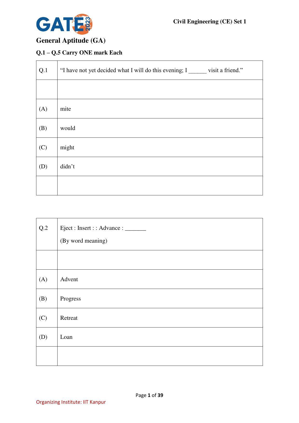 GATE 2023 Civil Engineering (CE-1) (Forenoon) Question Paper - Page 1