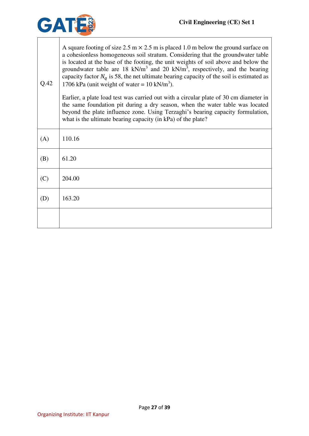 GATE 2023 Civil Engineering (CE-1) (Forenoon) Question Paper - Page 27