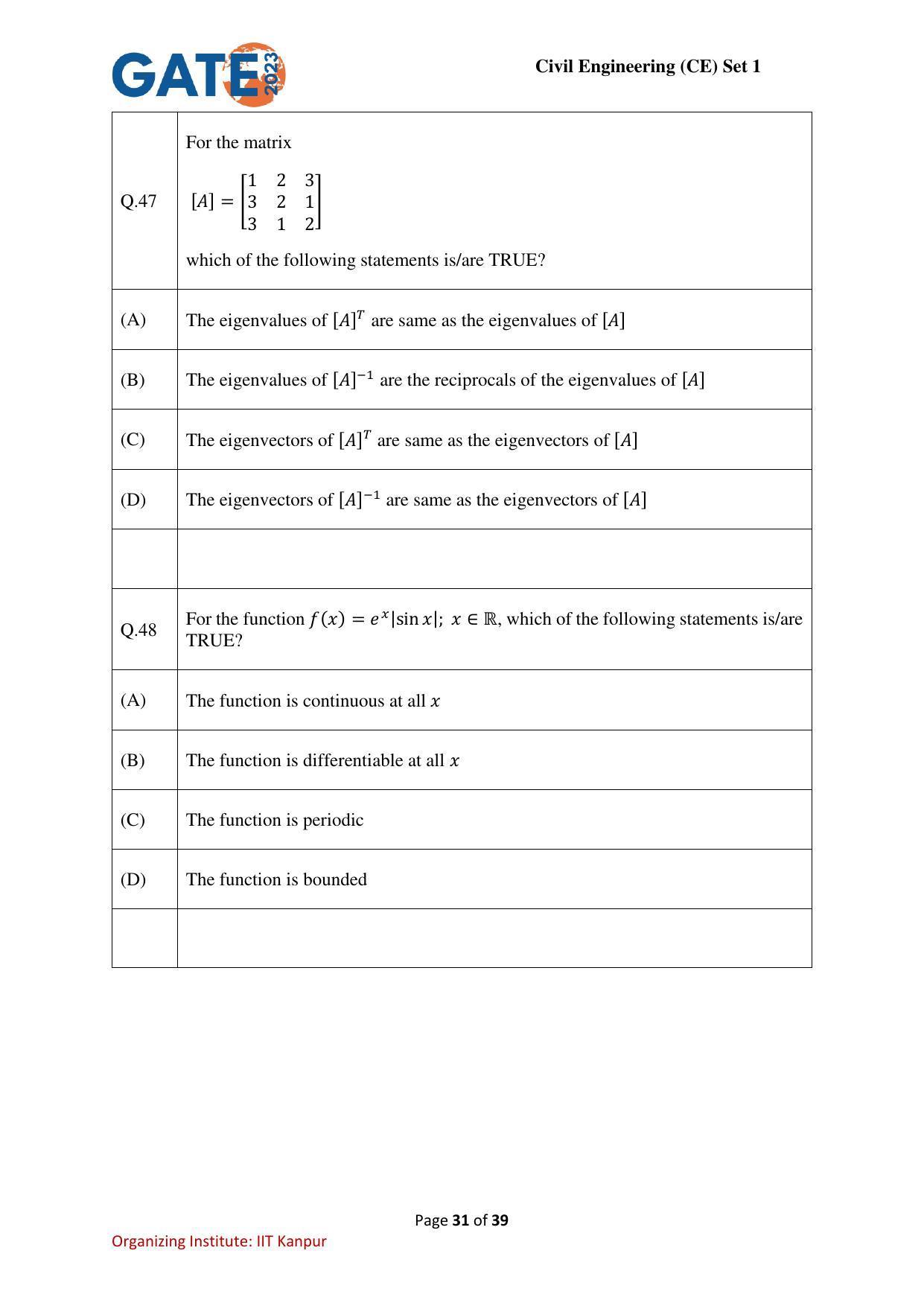 GATE 2023 Civil Engineering (CE-1) (Forenoon) Question Paper - Page 31