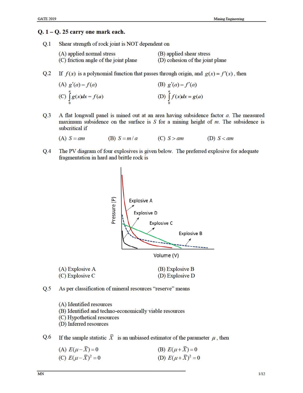 GATE 2019 Mining Engineering (MN) Question Paper - Page 4