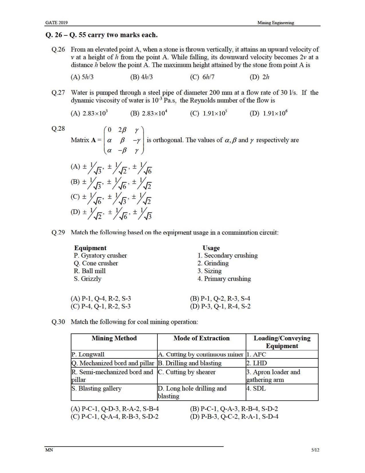 GATE 2019 Mining Engineering (MN) Question Paper - Page 8