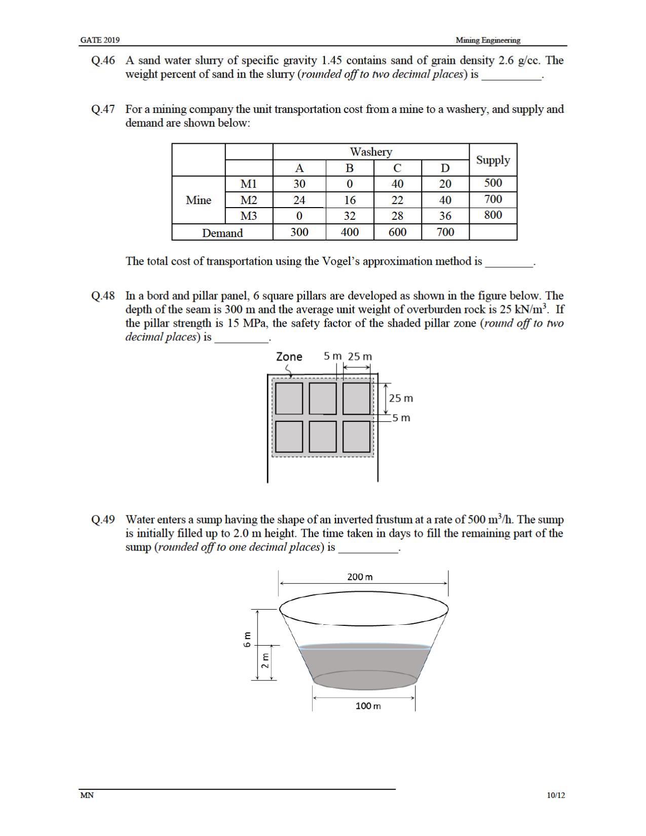 GATE 2019 Mining Engineering (MN) Question Paper - Page 13