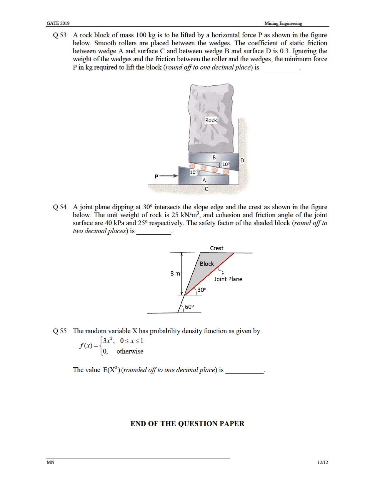 GATE 2019 Mining Engineering (MN) Question Paper - Page 15