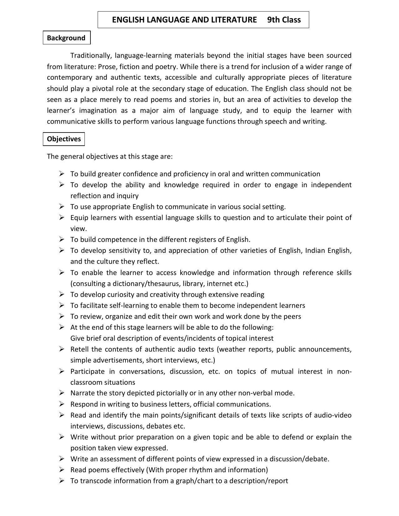 HP Board Class 9th Syllabus for English - Page 1