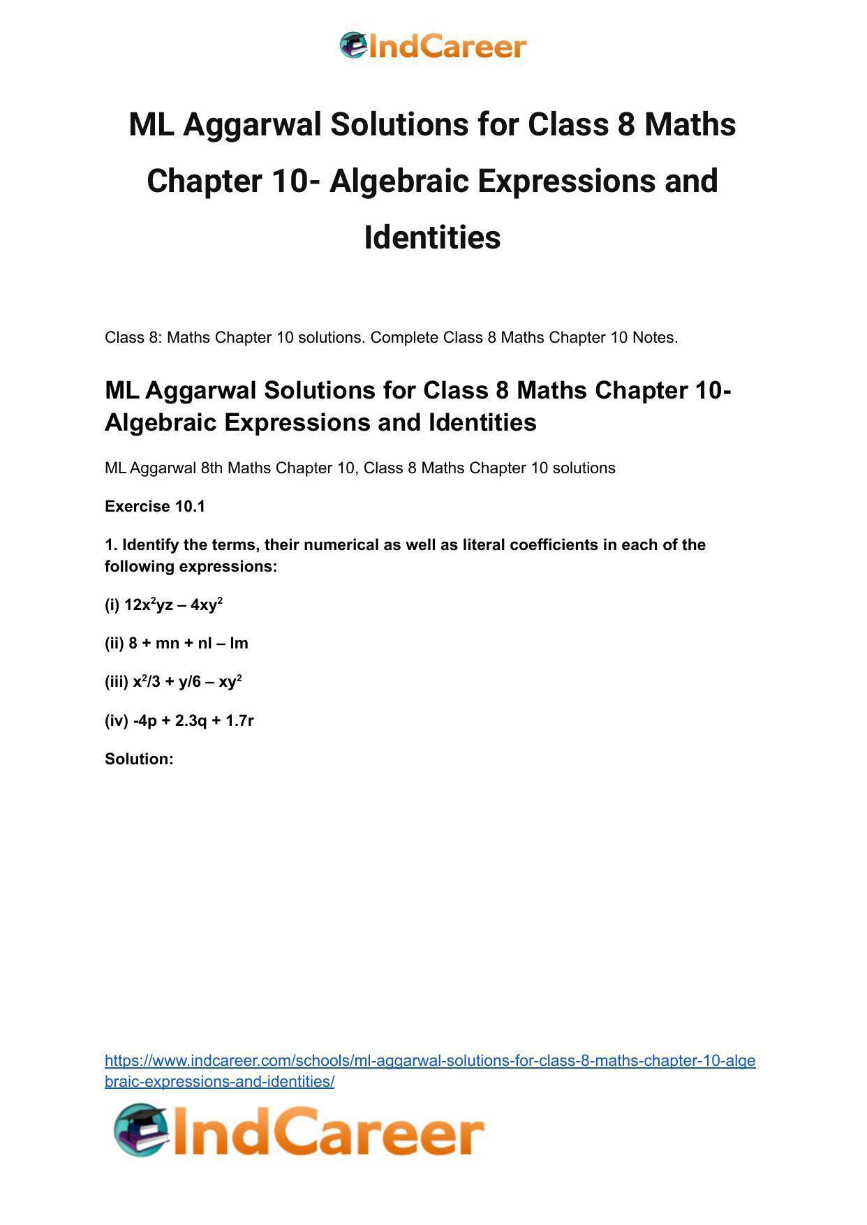 ML Aggarwal Solutions for Class 8 Maths Chapter 10- Algebraic Expressions and Identities - Page 2