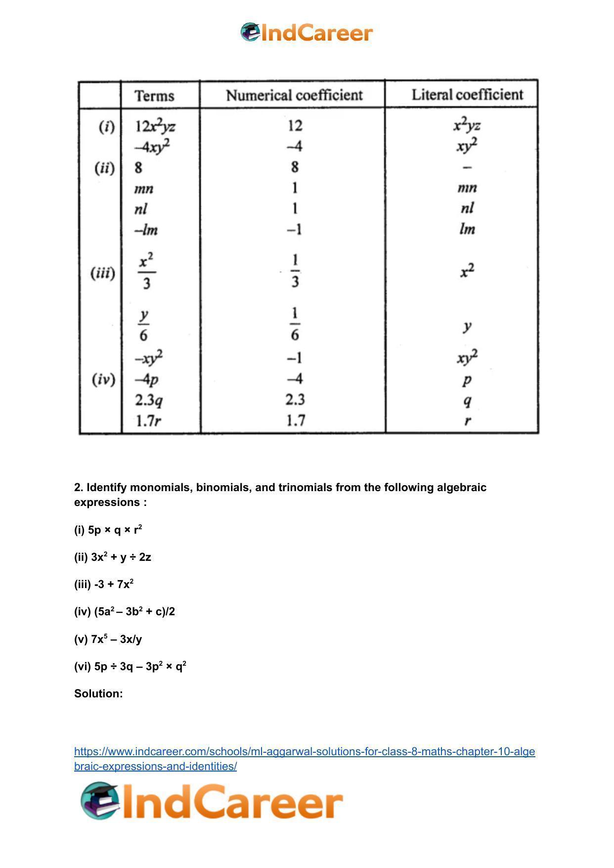 ML Aggarwal Solutions for Class 8 Maths Chapter 10- Algebraic Expressions and Identities - Page 3