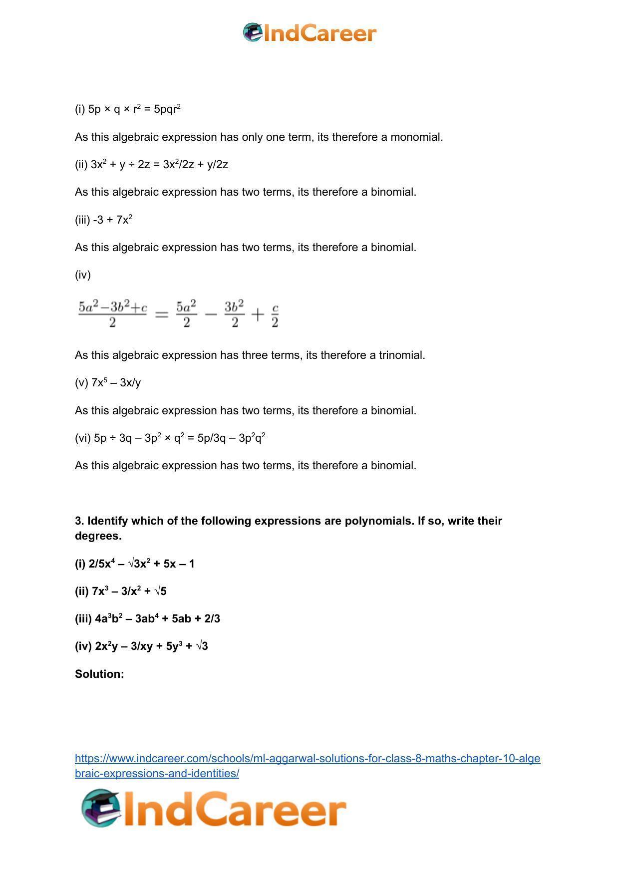 ML Aggarwal Solutions for Class 8 Maths Chapter 10- Algebraic Expressions and Identities - Page 4
