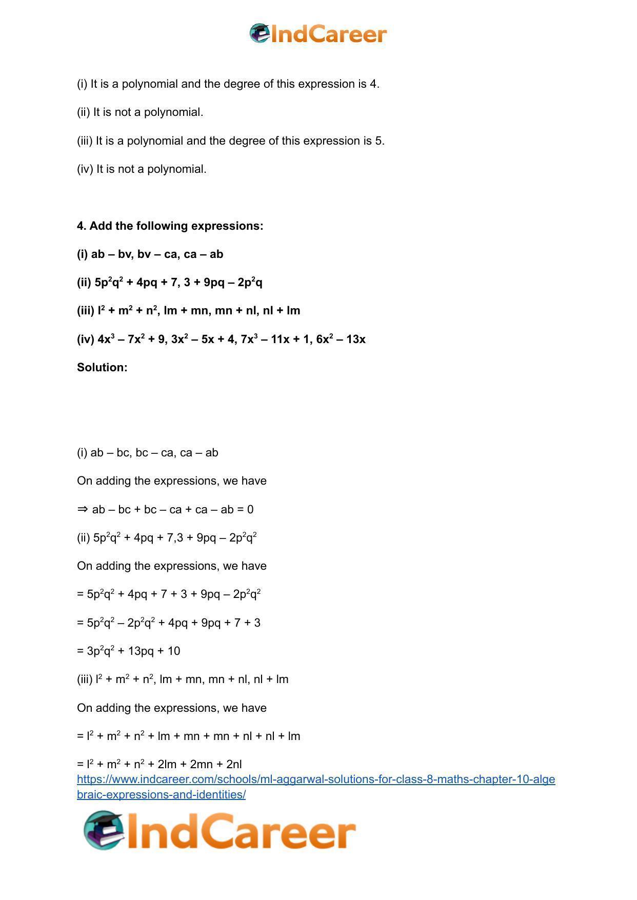 ML Aggarwal Solutions for Class 8 Maths Chapter 10- Algebraic Expressions and Identities - Page 5