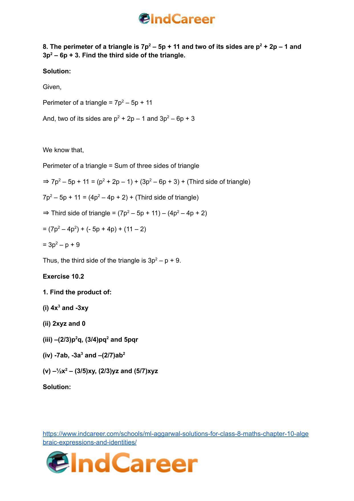 ML Aggarwal Solutions for Class 8 Maths Chapter 10- Algebraic Expressions and Identities - Page 8