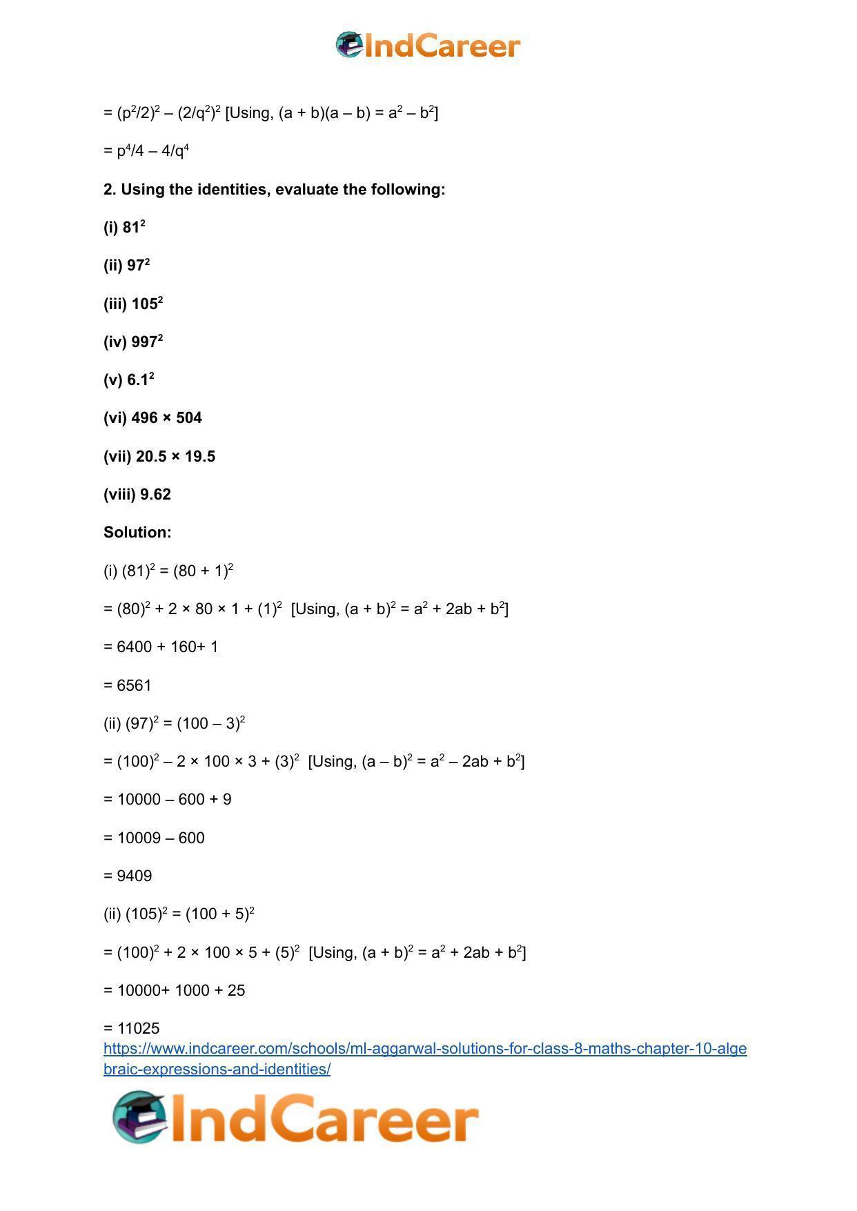 ML Aggarwal Solutions for Class 8 Maths Chapter 10- Algebraic Expressions and Identities - Page 31