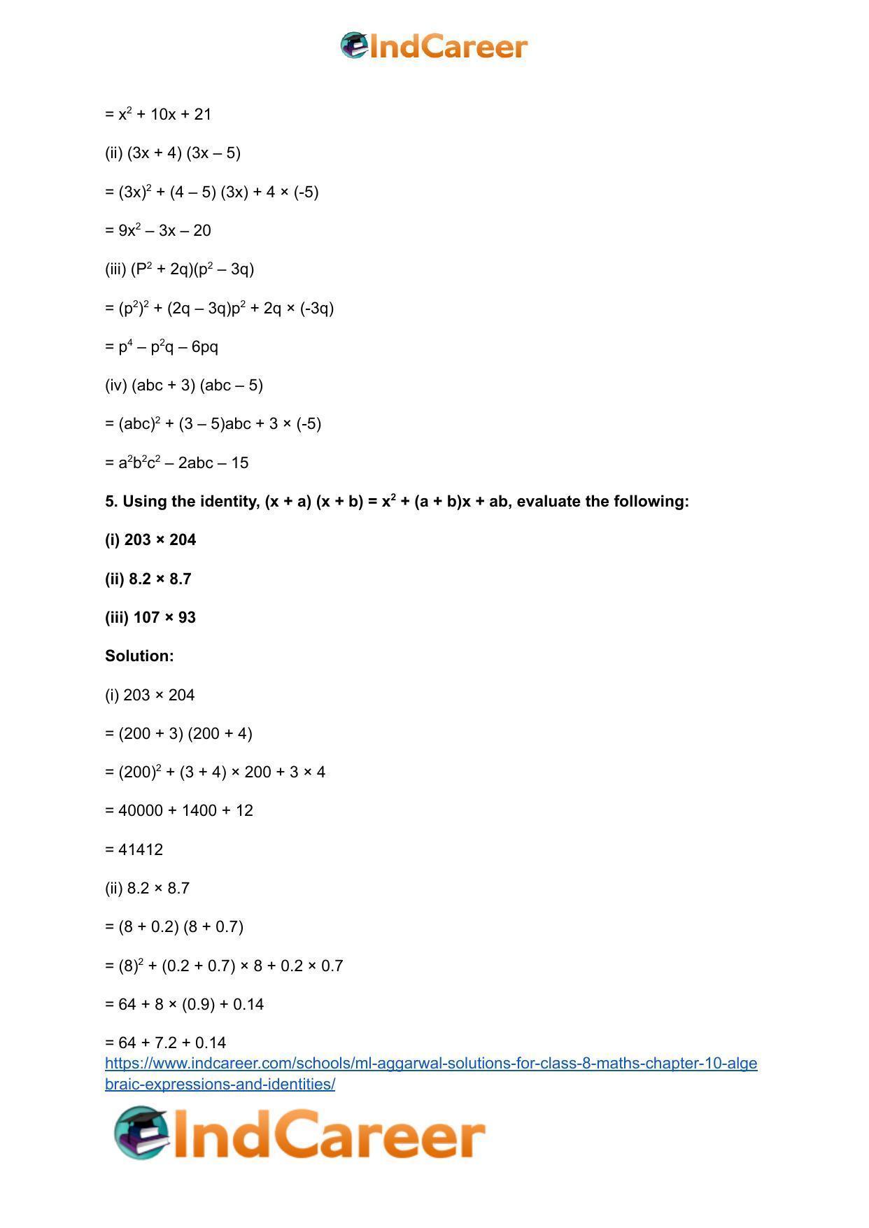 ML Aggarwal Solutions for Class 8 Maths Chapter 10- Algebraic Expressions and Identities - Page 34