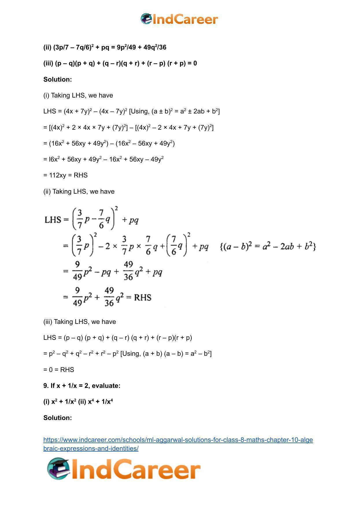 ML Aggarwal Solutions for Class 8 Maths Chapter 10- Algebraic Expressions and Identities - Page 37