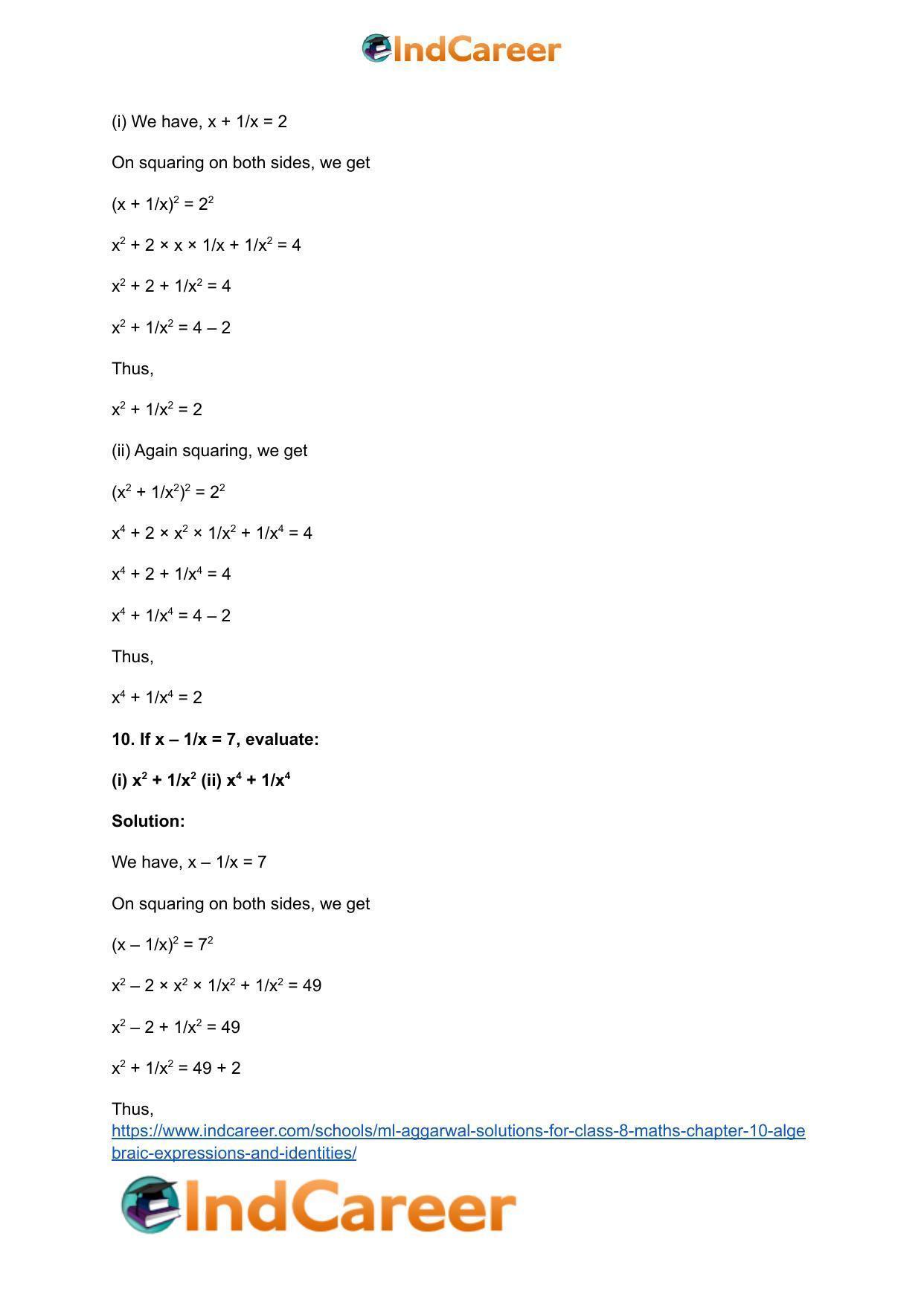 ML Aggarwal Solutions for Class 8 Maths Chapter 10- Algebraic Expressions and Identities - Page 38