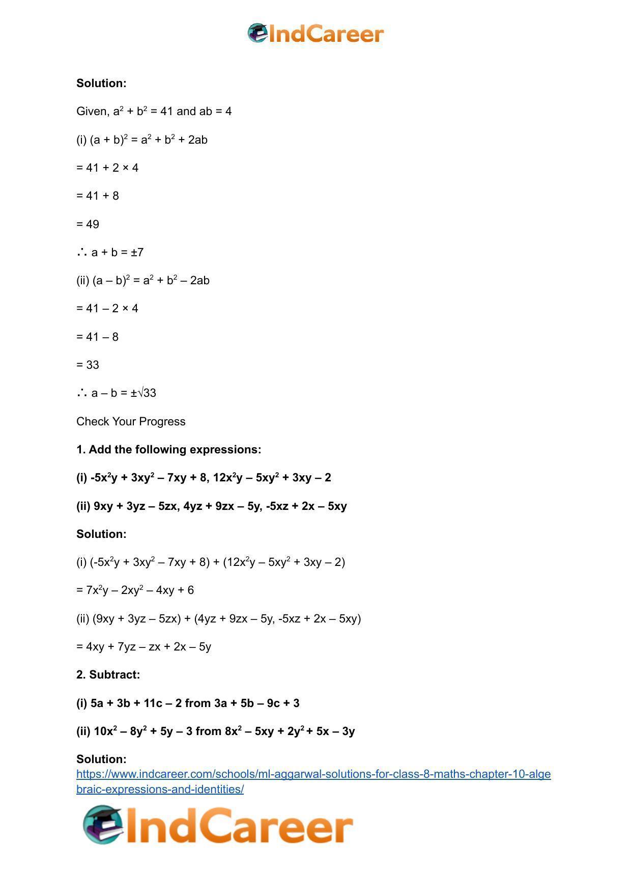 ML Aggarwal Solutions for Class 8 Maths Chapter 10- Algebraic Expressions and Identities - Page 41