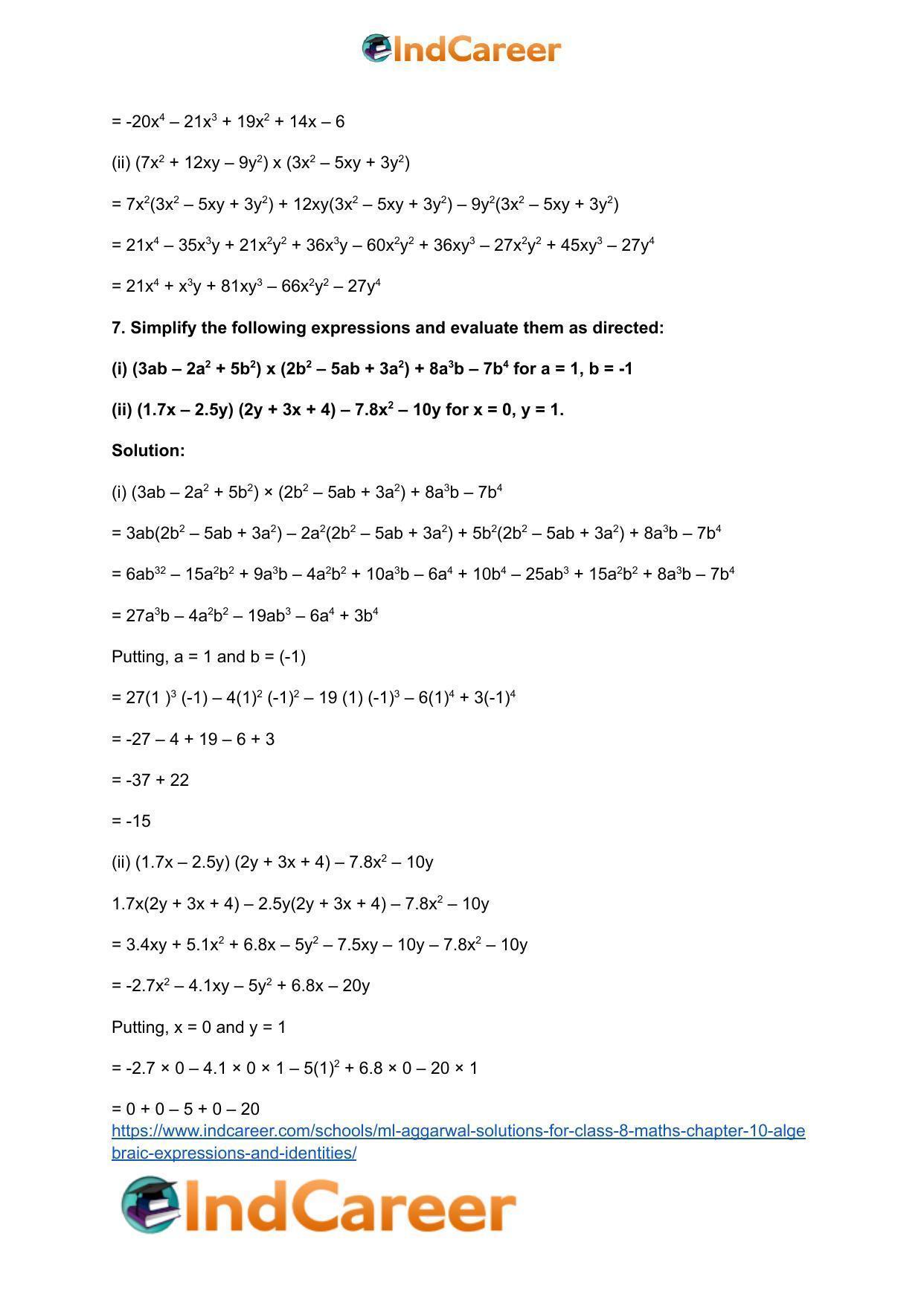 ML Aggarwal Solutions for Class 8 Maths Chapter 10- Algebraic Expressions and Identities - Page 44