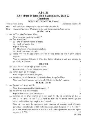 Bilaspur University Question Paper 2021-2022: B. SC. Part -I (Maths- Group) Chemestry Paper 1