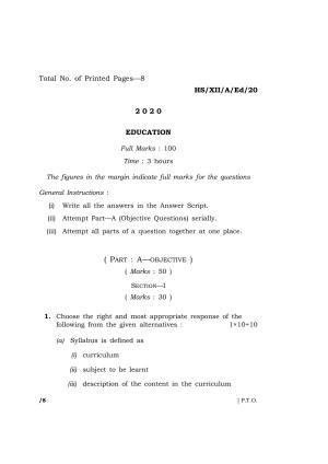 Meghalaya Board (MBOSE) Class 12 EDUCATION 2020 Question Paper