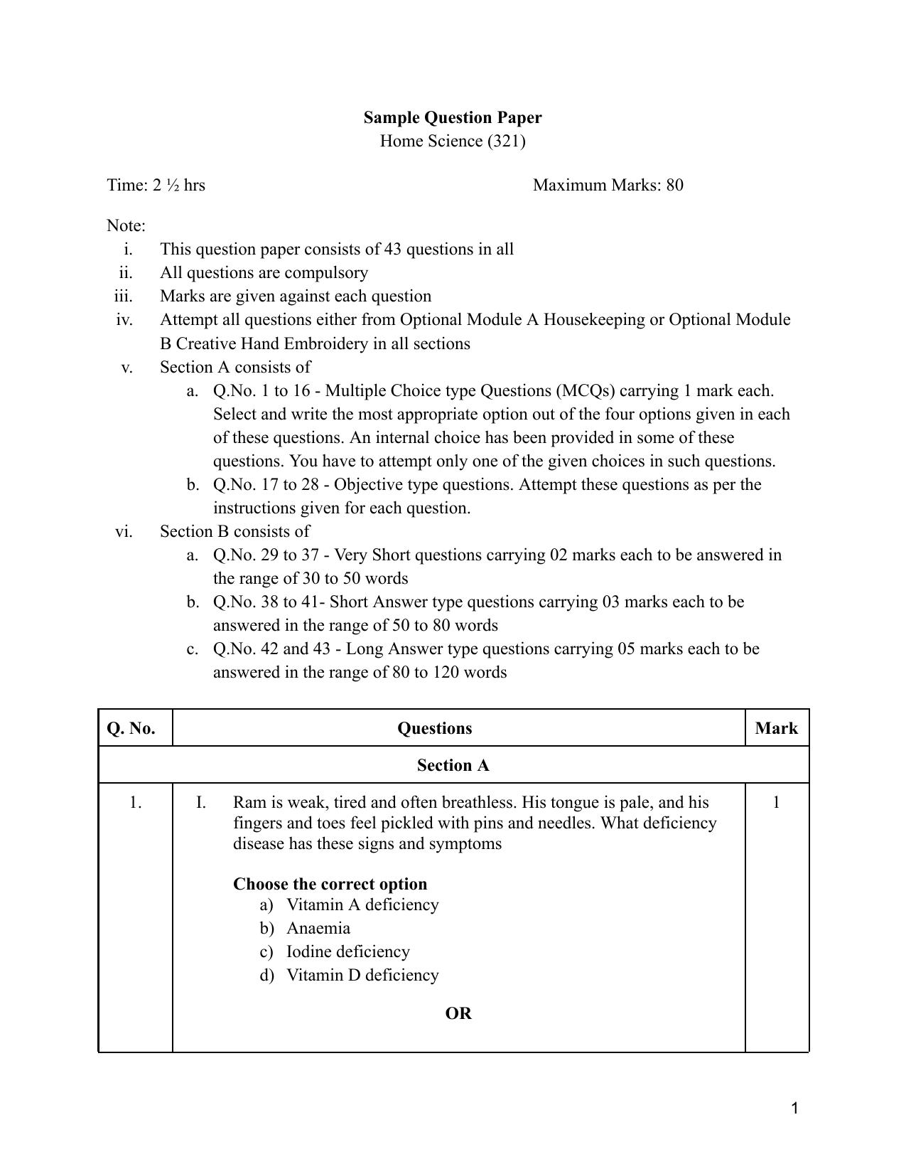 NIOS Class 12 Home Science Sample Paper - Page 1