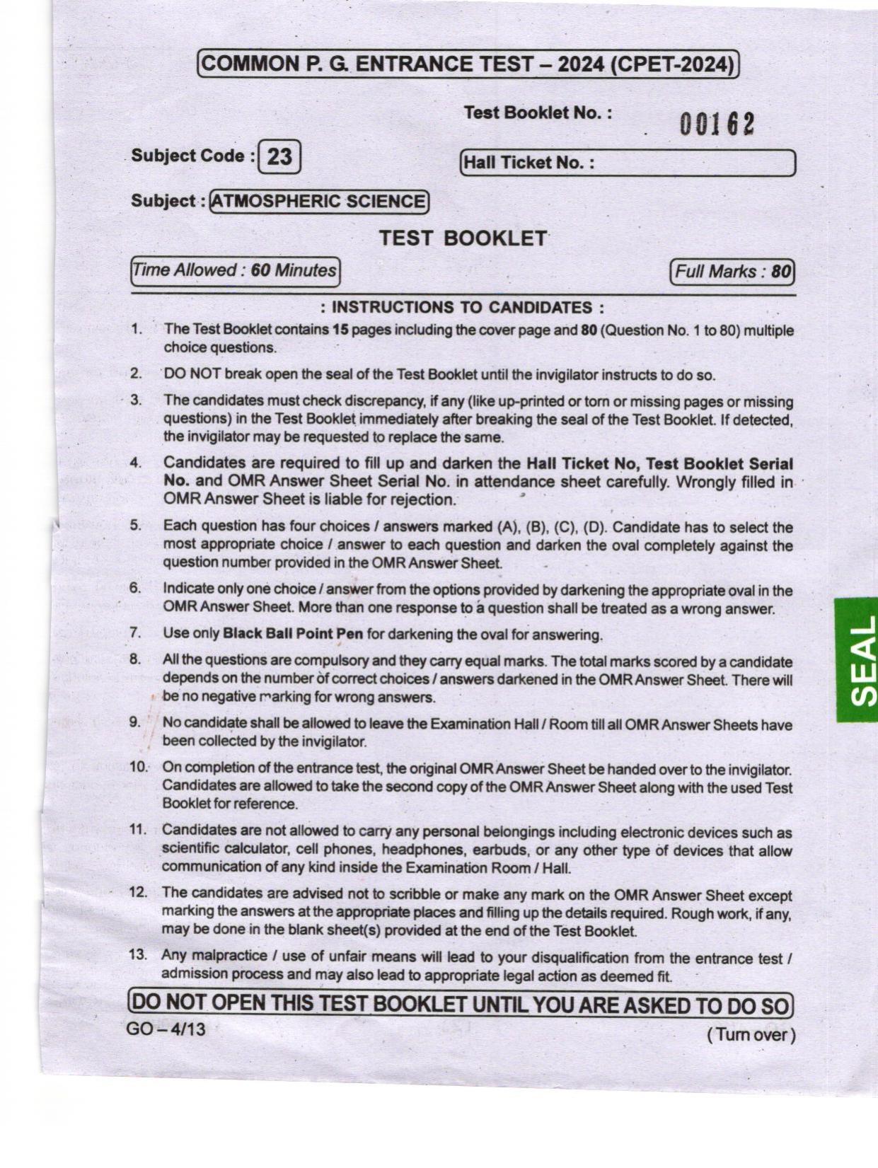 Odisha CPET 2024 ATMOSPHERIC SCIENCE Question Paper - Page 1