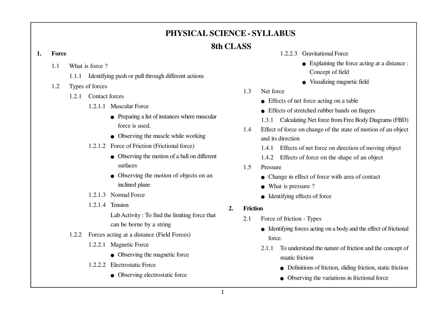 Telangana Board Physical Science (Classes VIII to X) Syllabus - English Medium - Page 1