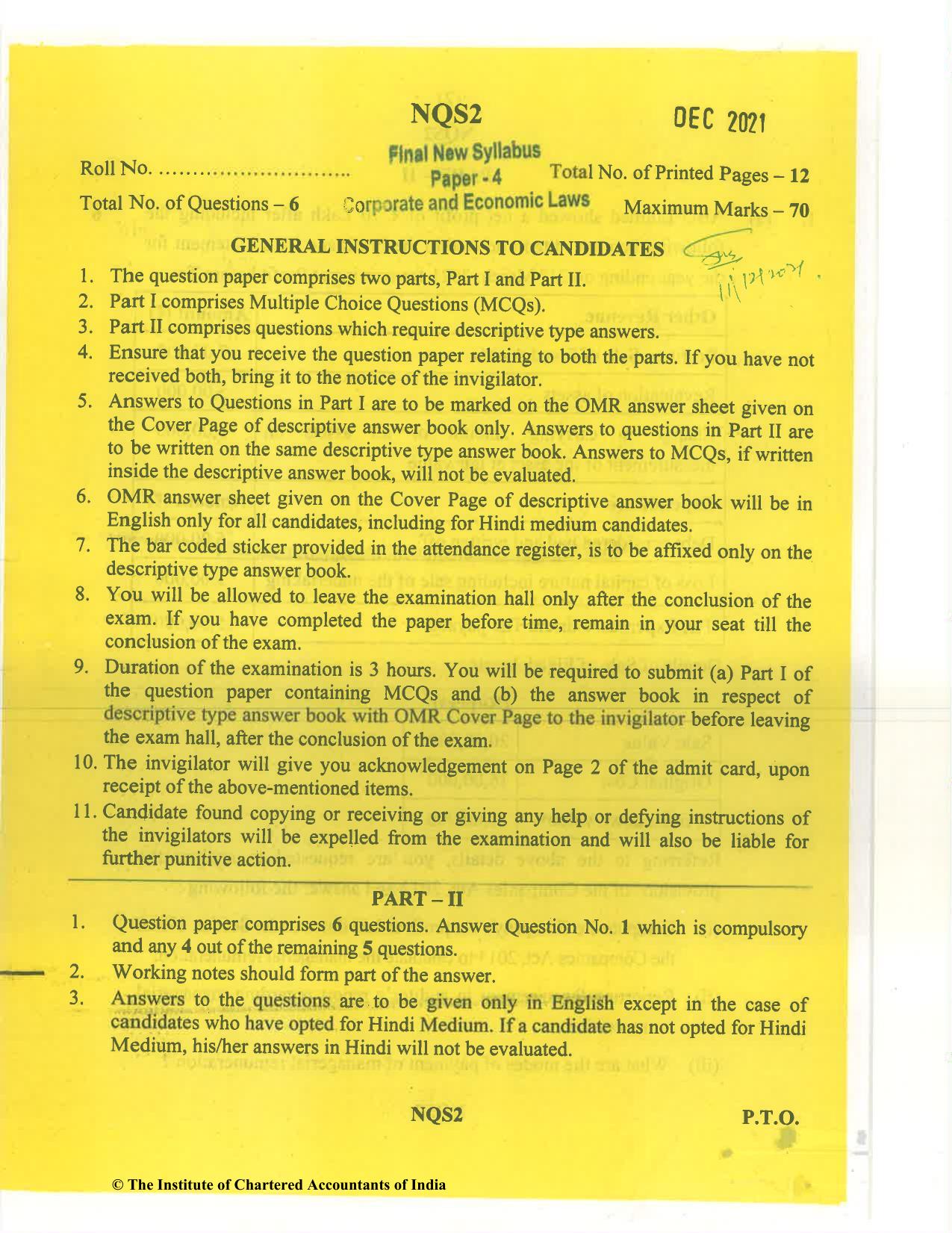 CA Final Dec 2021 Question Paper - Paper 4 – Corporate & Economic Laws - Page 1