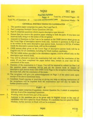 CA Final Dec 2021 Question Paper - Paper 4 – Corporate & Economic Laws
