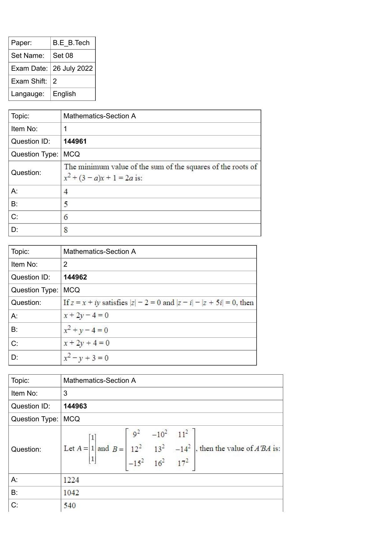 JEE Mains 2022: BTech English (Shift 2) 26-07-2022 Question Paper - Page 1
