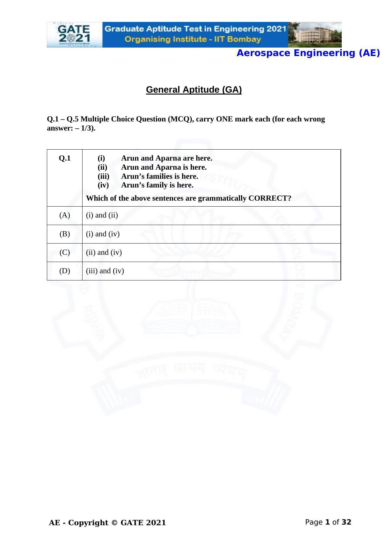 GATE 2021 Aerospace Engineering (AE) Question Paper - Page 1