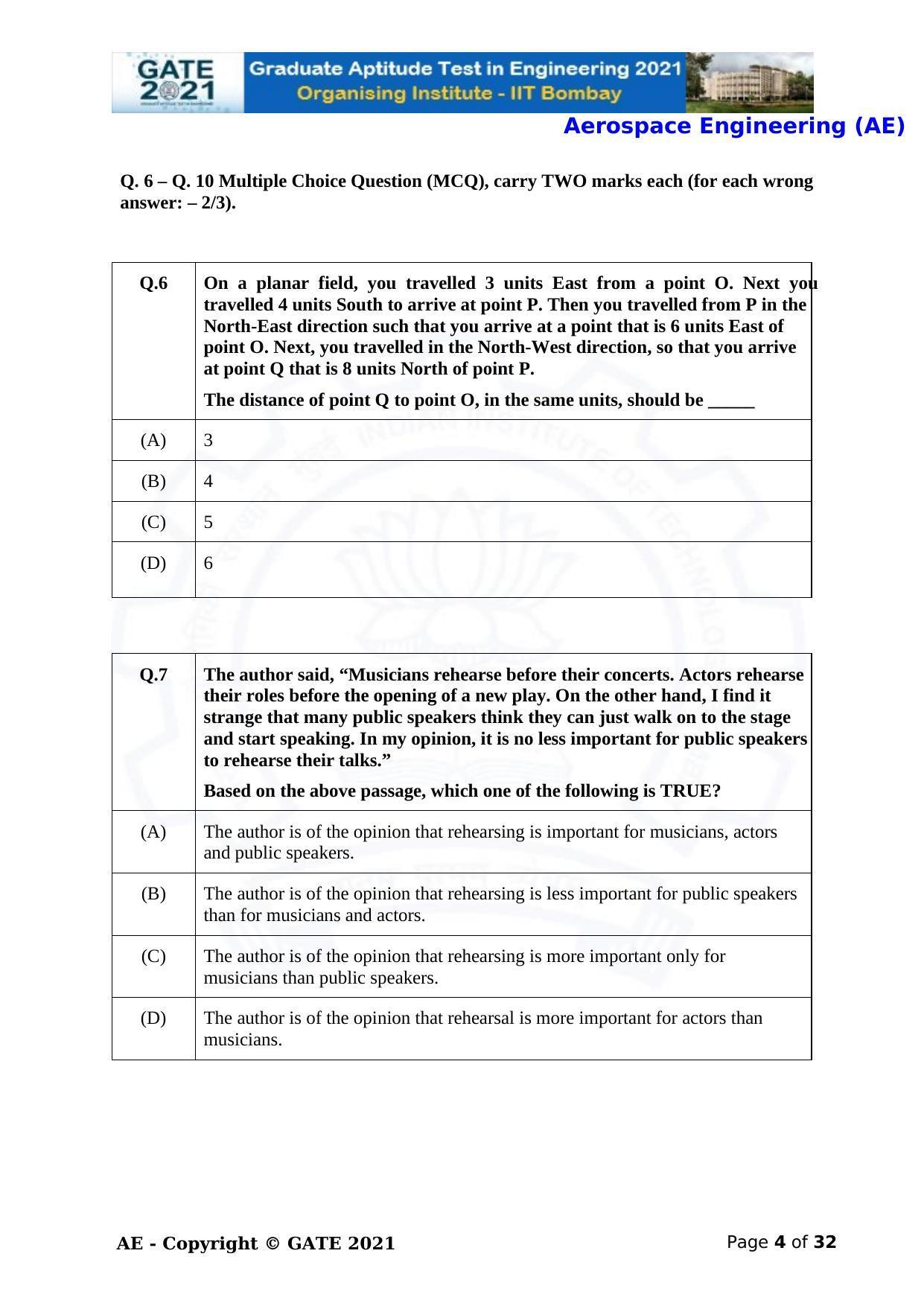 GATE 2021 Aerospace Engineering (AE) Question Paper - Page 4