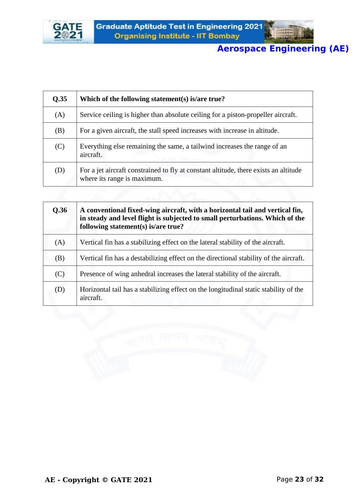 GATE 2021 Aerospace Engineering (AE) Question Paper - Page 23