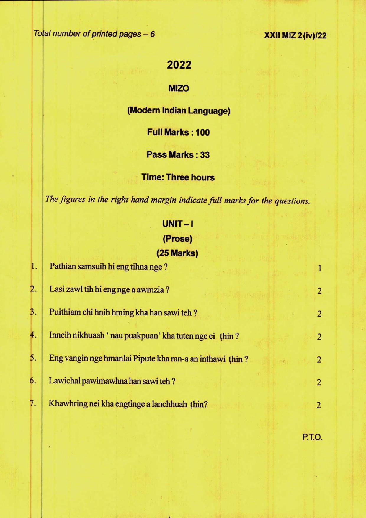 COHSEM 12th Question Papers 2022 Mizo (M.I.L.) - Page 1